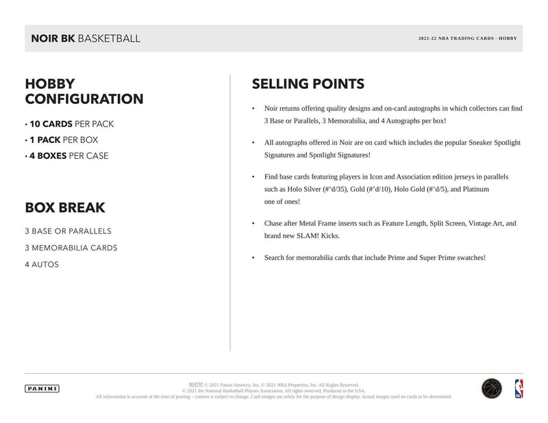 2021-22 Panini Noir Basketball NBA Hobby Box Case | 4 Boxes